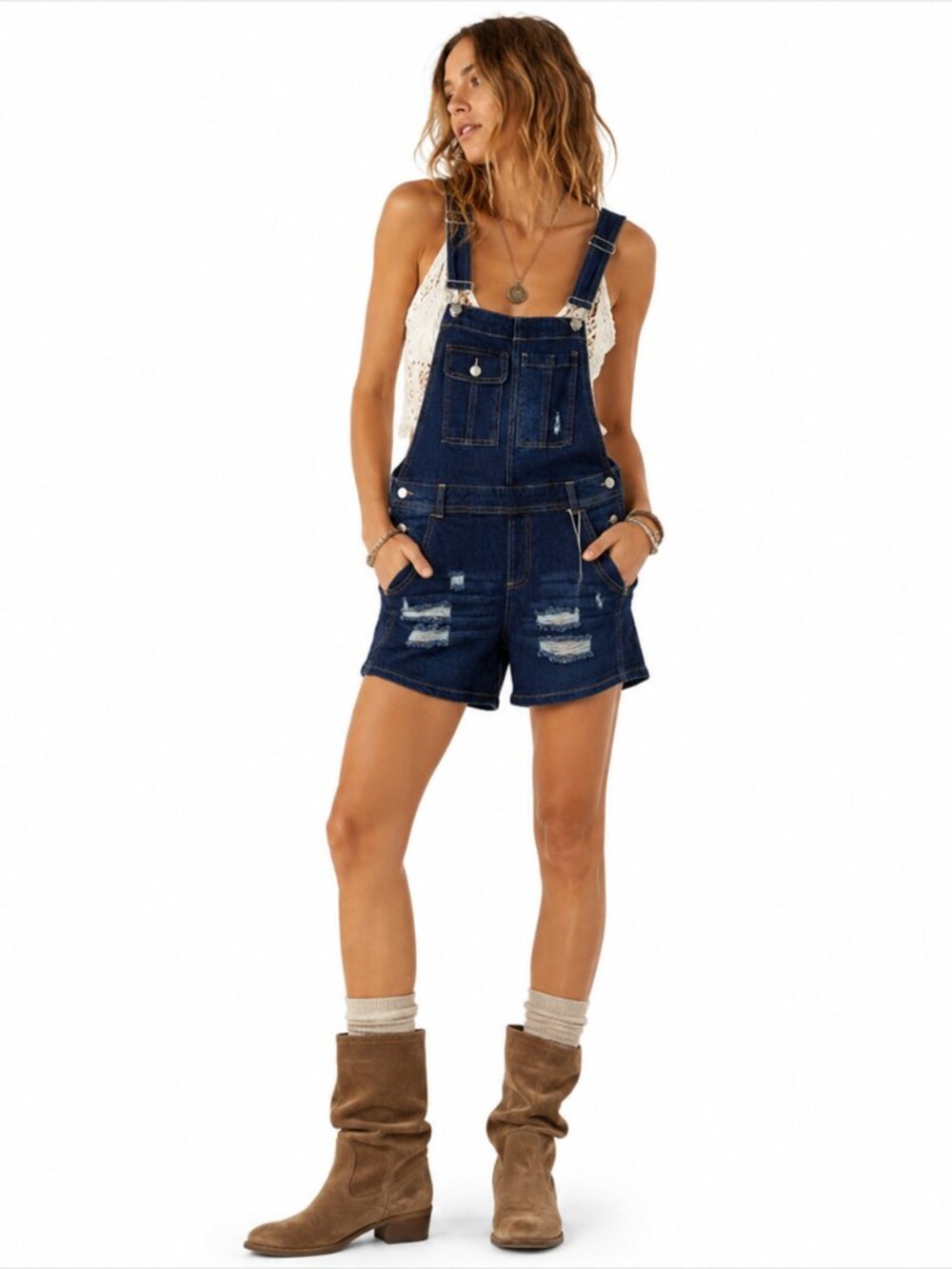 Almost Famous Womens 11 Denim Shortalls Dark Wash Distressed Bib Overalls NWT